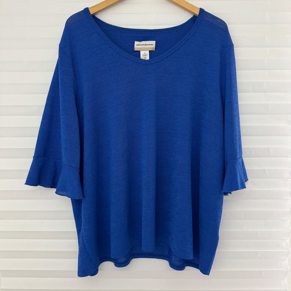 Alfred Dunner Royal Blue V-Neck Ruffle 3/4 Sleeve Knit Top Womens 3X Pullover